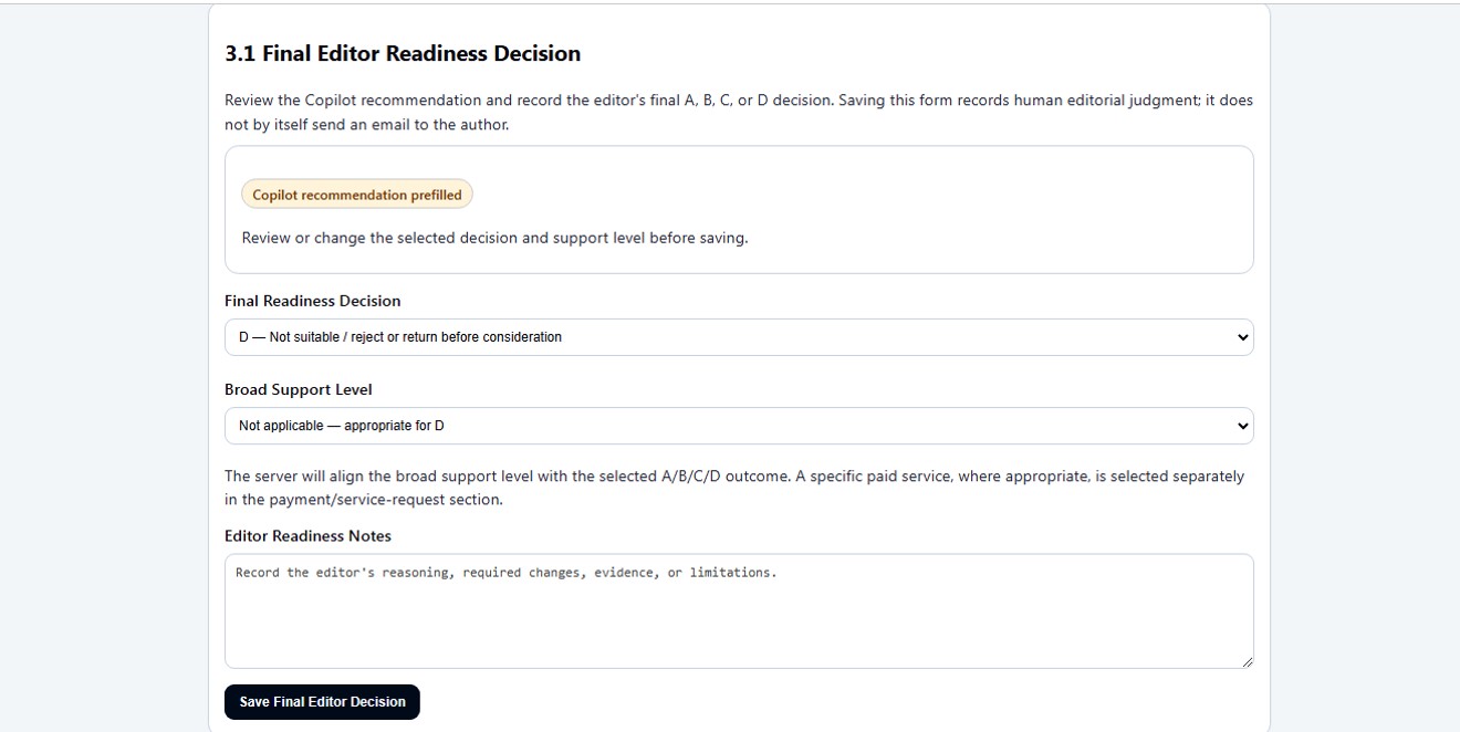 Human-controlled editorial readiness decision